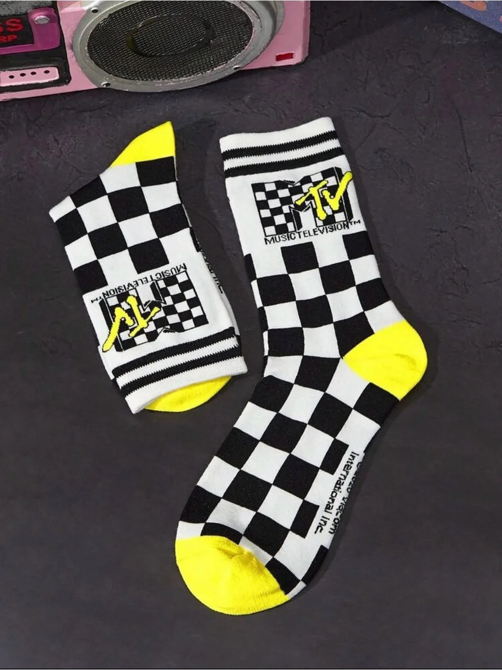 MTV Black, White & Yellow Checkerboard Crew Socks
